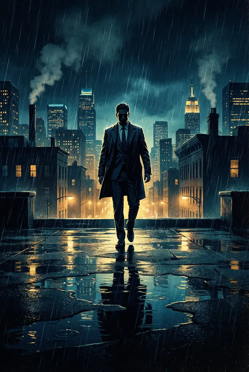 狼群视频在线高清免费观看 出品影片《雨夜独行者》海报，雨中城市屋顶男性剪影